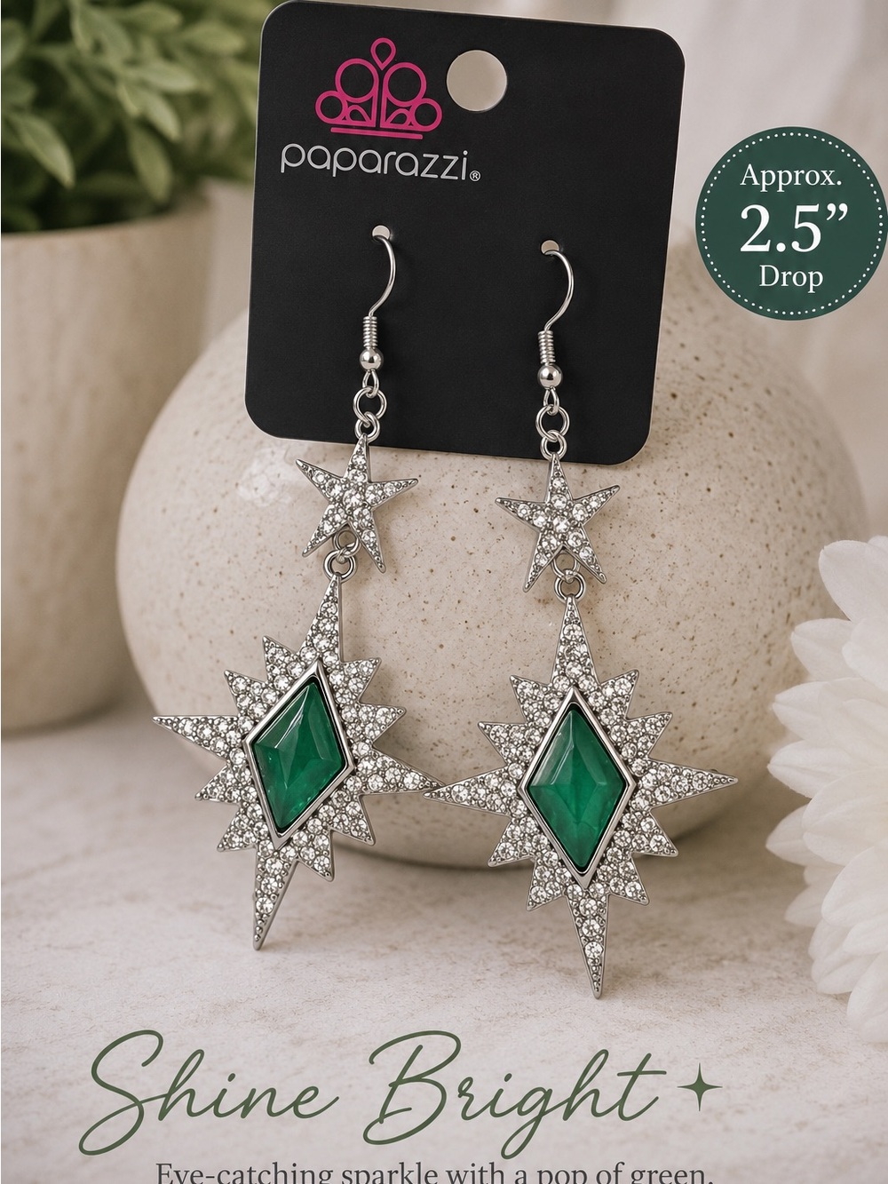 paparazzi Silver Starburst Earrings with Emerald Center